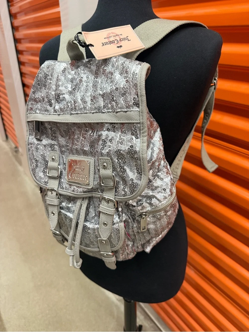 NWT Juicy Couture Silver Sequin Backpack with Buckle Details
